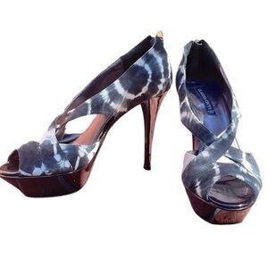 Claudia Ciuti Tie Dye Suede Platform Open Toe Platform Pumps Black 7.5